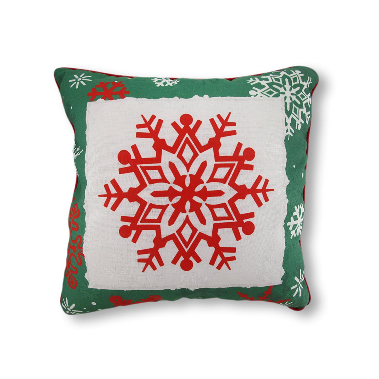 Reversible Winter Crisp Red and Green Snowflakes Pillow 18 In.